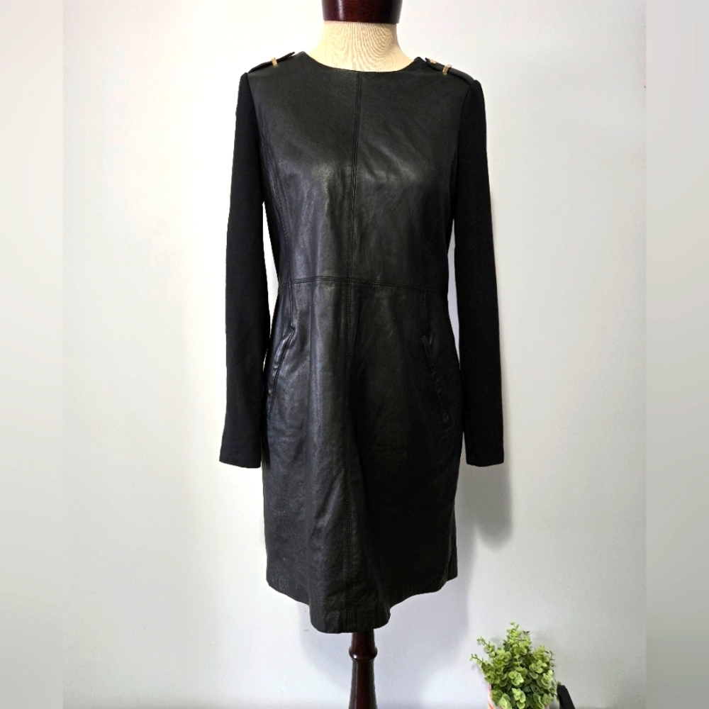 Michael Kors Black Leather Dress  with Long Knit Sleeves